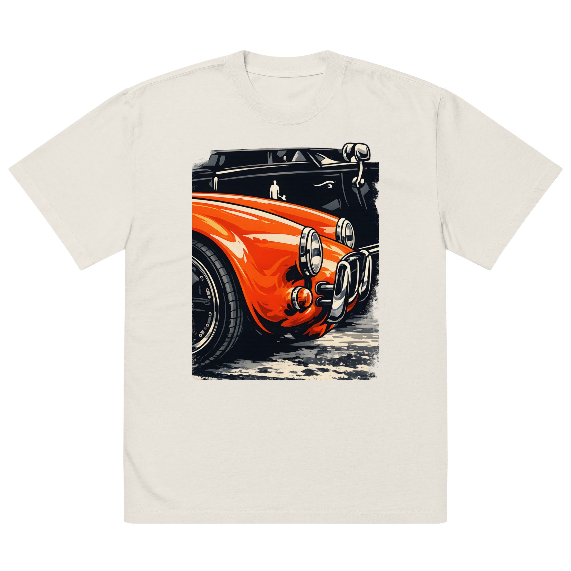 unisex streetwear t-shirt front view with vintage orange muscle car graphic print
