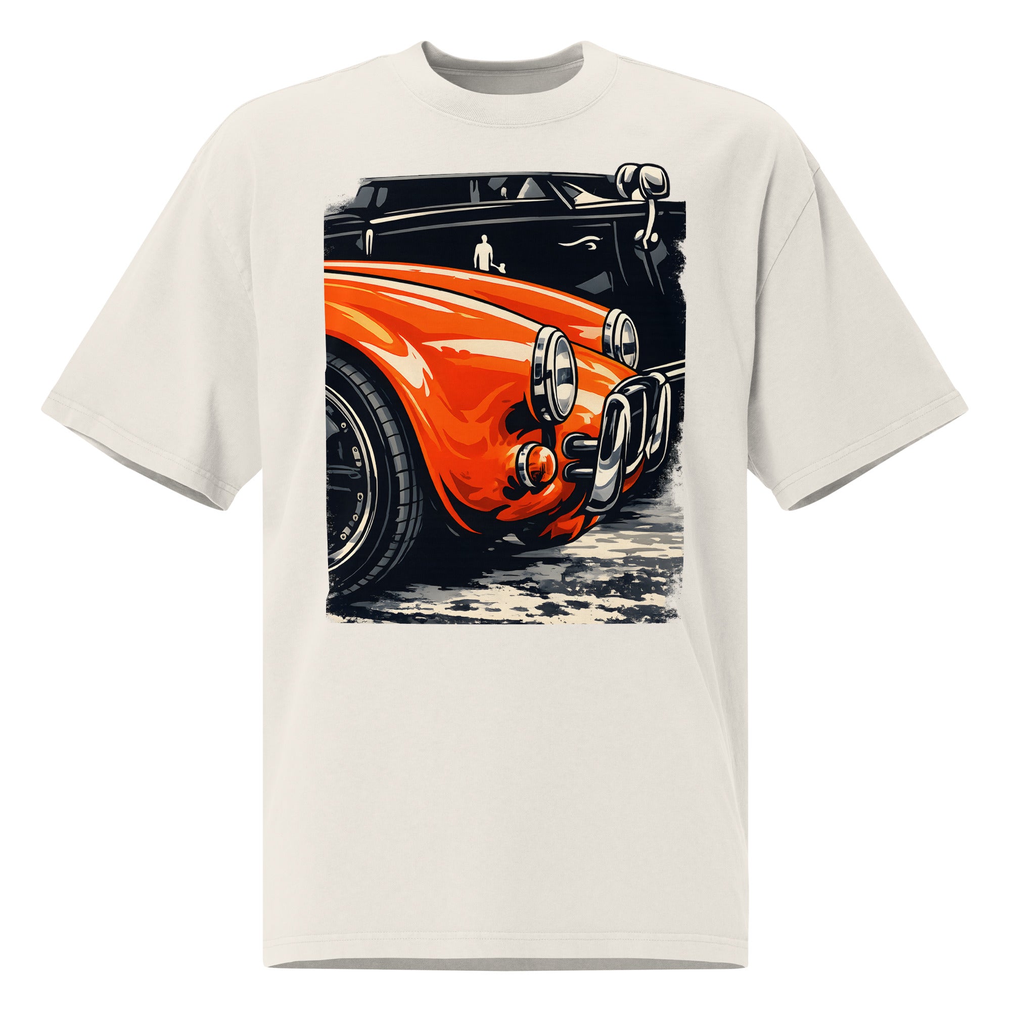 unisex streetwear t-shirt front view with vintage orange muscle car graphic print
