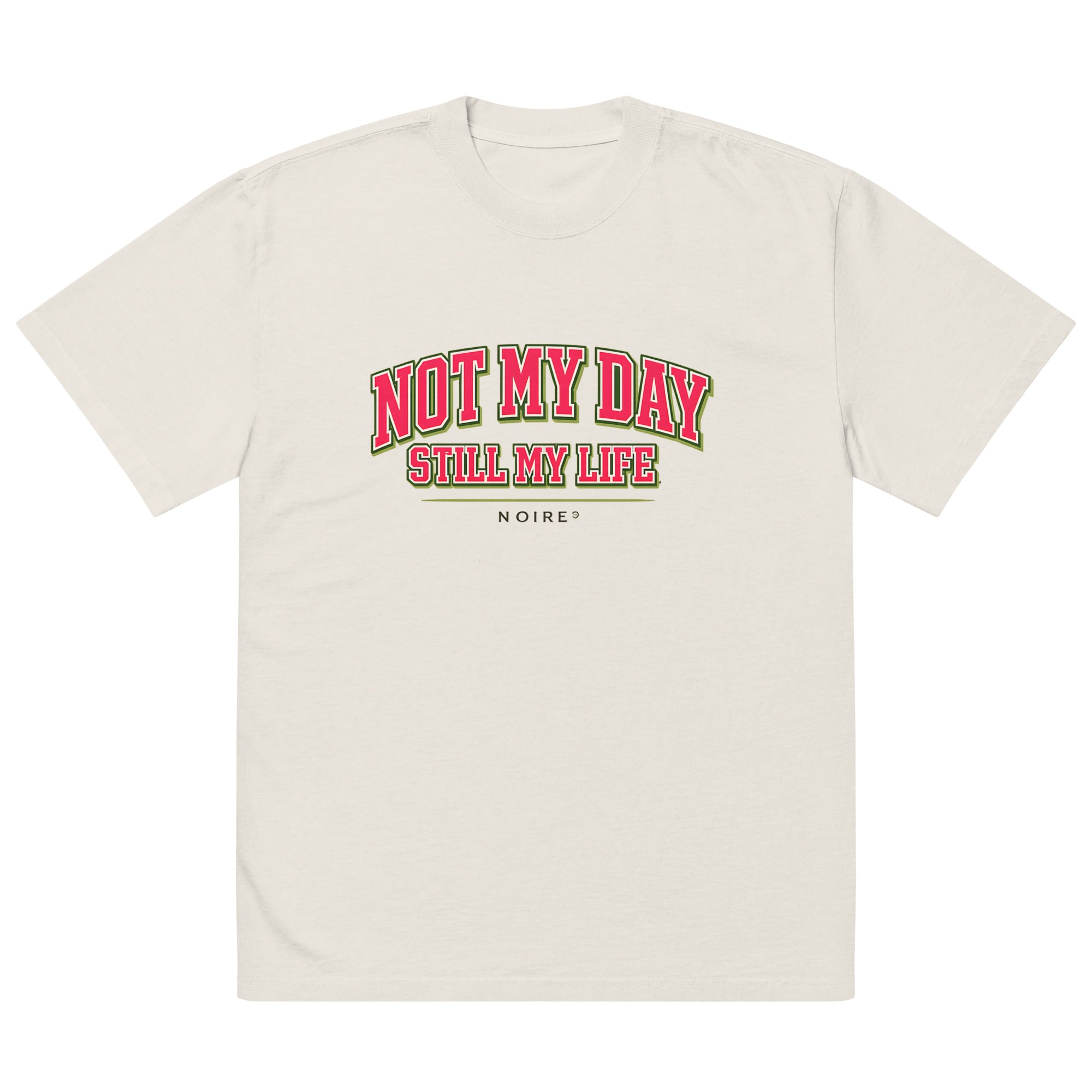 Beige oversized t-shirt with red vintage typography print, front view – artistic streetwear by Noiré.