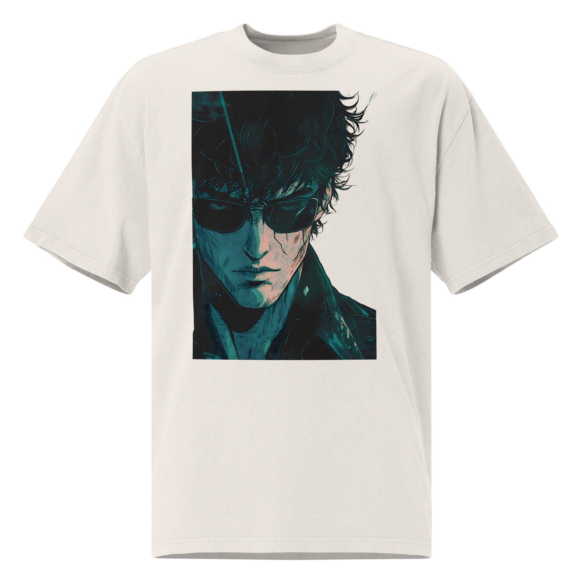Oversized beige graphic t-shirt with teal-toned portrait illustration of a man wearing sunglasses, modern streetwear style.