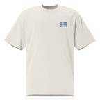 Cream oversized women’s graphic t-shirt with subtle “Just Mine” navy chest print, clean aesthetic streetwear design.