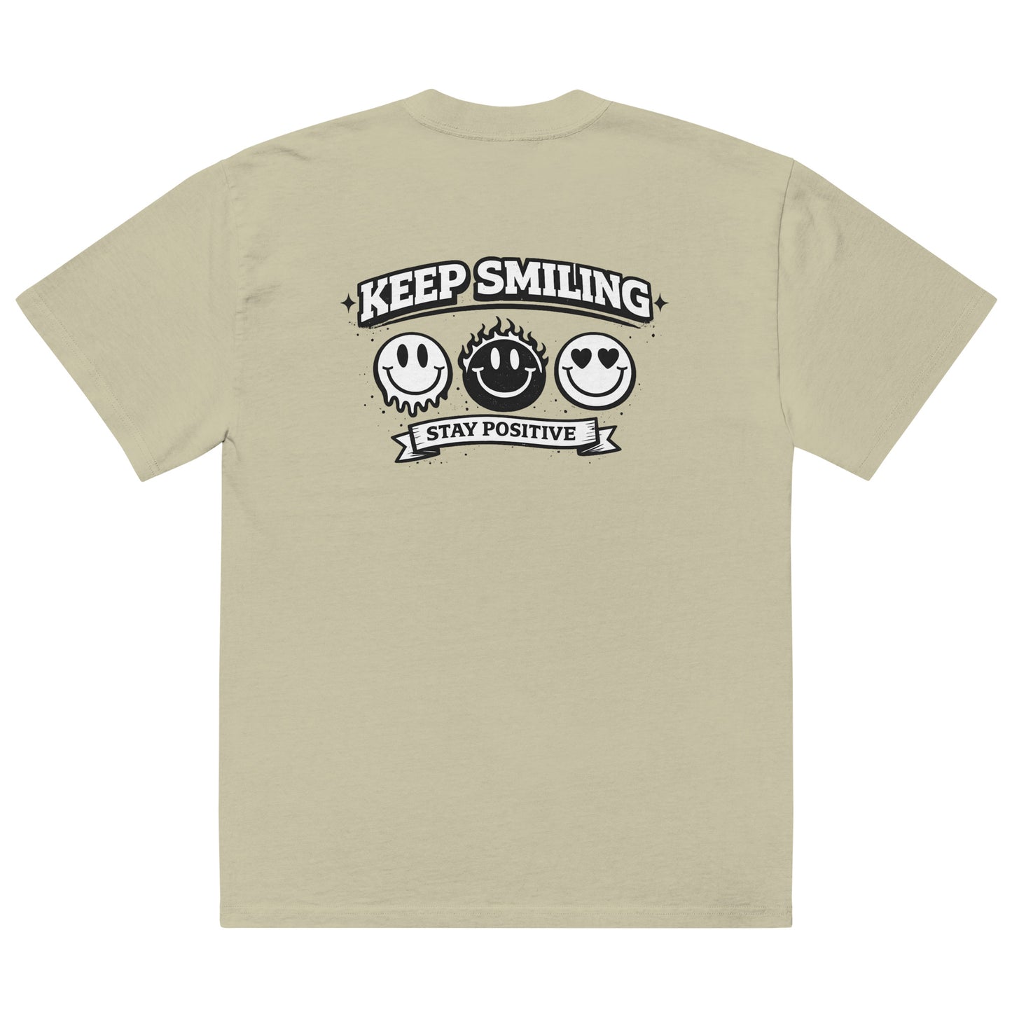 eucalyptus t-shirt back view featuring large “KEEP SMILING – STAY POSITIVE” graphic with three vintage-style smiley faces in black, urban graphic design by Noiré.