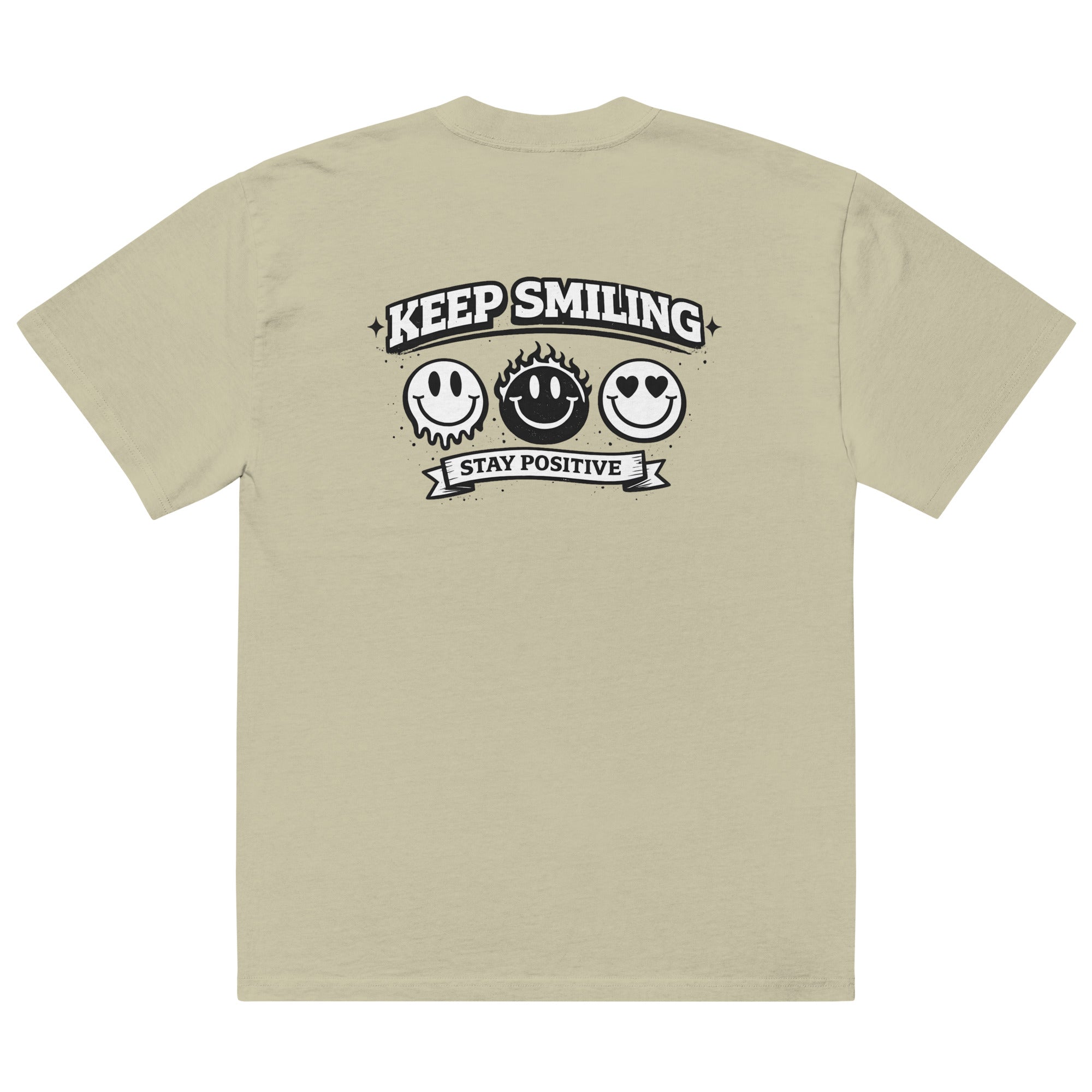 eucalyptus t-shirt back view featuring large “KEEP SMILING – STAY POSITIVE” graphic with three vintage-style smiley faces in black, urban graphic design by Noiré.