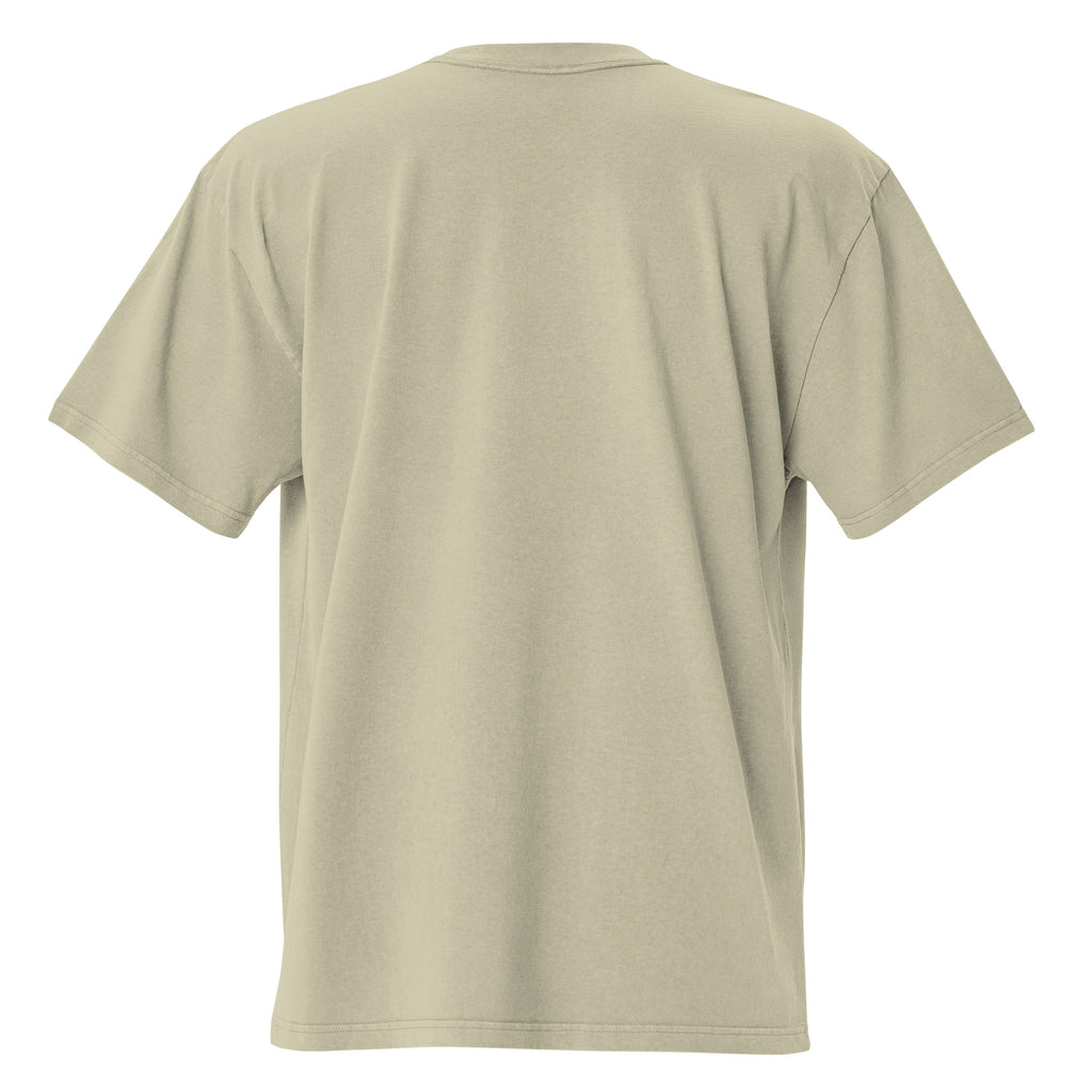 Oversized light sand t-shirt back view, no graphic, clean neutral aesthetic.