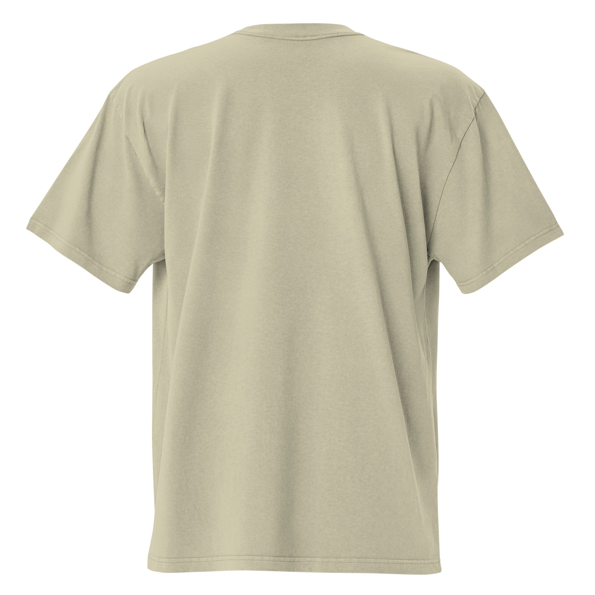 Oversized light sand t-shirt back view, no graphic, clean neutral aesthetic.