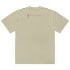 Back view of faded eucalyptus t-shirt with small “Prefer Wine” text and wine glass icon printed on upper back near neckline in soft blush tones