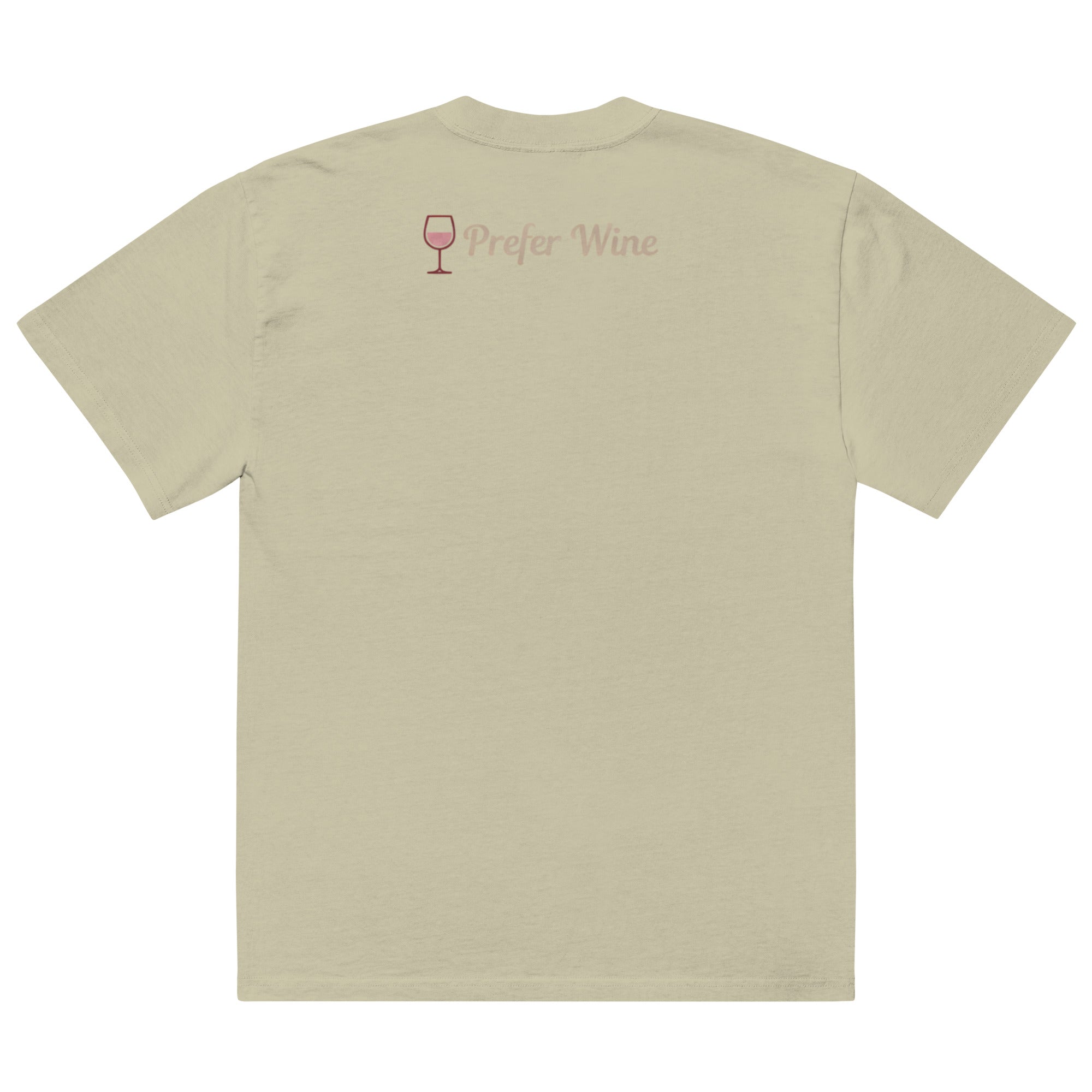 Back view of faded eucalyptus t-shirt with small “Prefer Wine” text and wine glass icon printed on upper back near neckline in soft blush tones