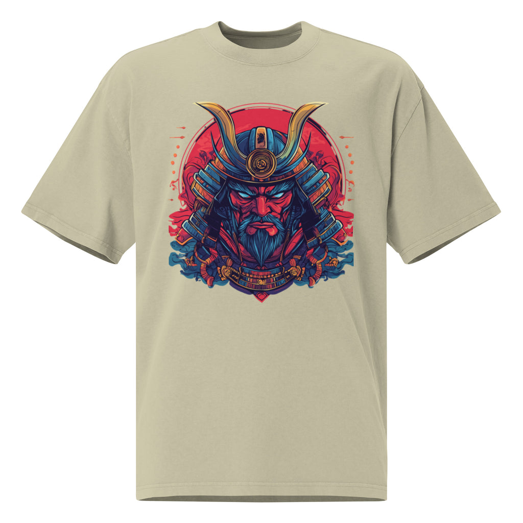 Oversized light sage graphic t-shirt with detailed red and blue samurai warrior mask artwork, modern urban style.