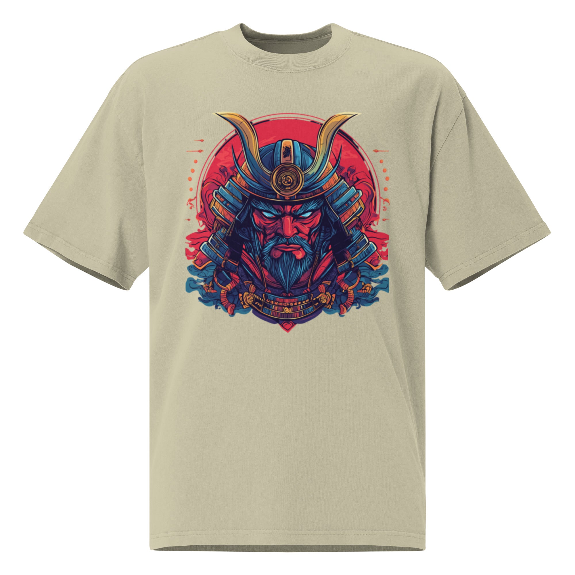Oversized light sage graphic t-shirt with detailed red and blue samurai warrior mask artwork, modern urban style.