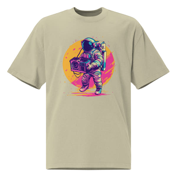 Noiré oversized graphic t-shirt in faded eucalyptus green with neon astronaut boombox illustration, front view