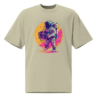Noiré oversized graphic t-shirt in faded eucalyptus green with neon astronaut boombox illustration, front view