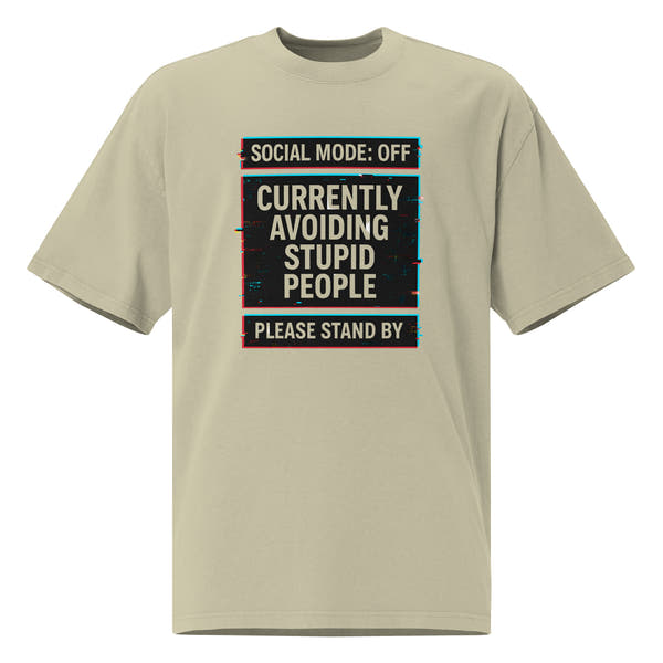  Oversized faded eucalyptus graphic t-shirt front view with “Social Mode: Off” typography design