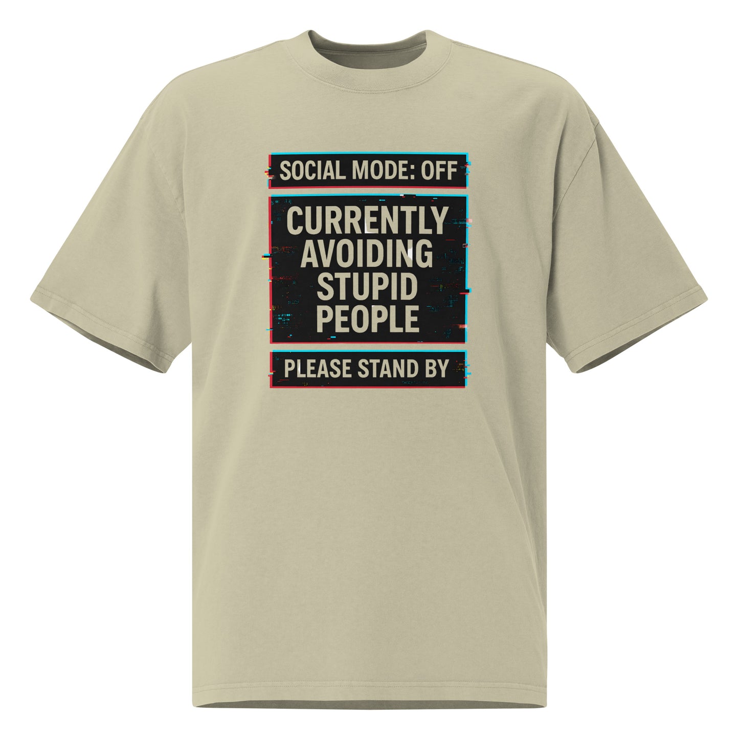  Oversized faded eucalyptus graphic t-shirt front view with “Social Mode: Off” typography design