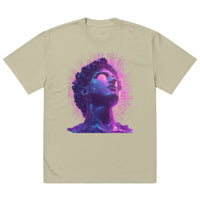 Eucalyptus unisex graphic streetwear t-shirt featuring futuristic neon portrait artwork, front view.