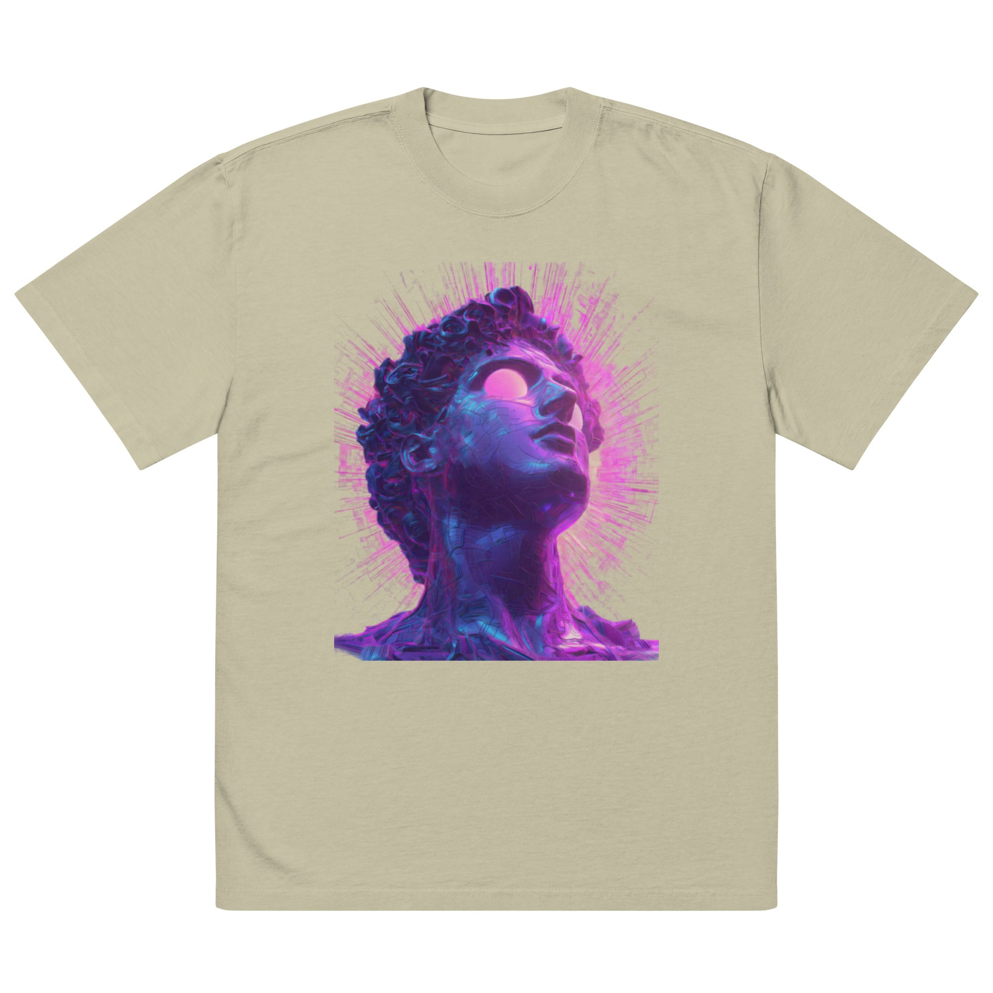 Eucalyptus unisex graphic streetwear t-shirt featuring futuristic neon portrait artwork, front view.