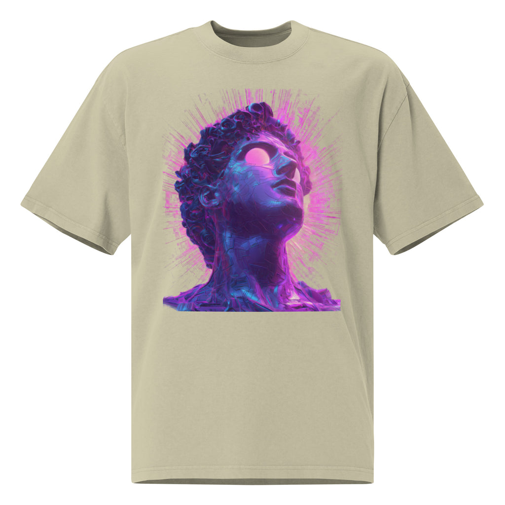 Eucalyptus unisex streetwear t-shirt with futuristic neon portrait graphic design, front view.