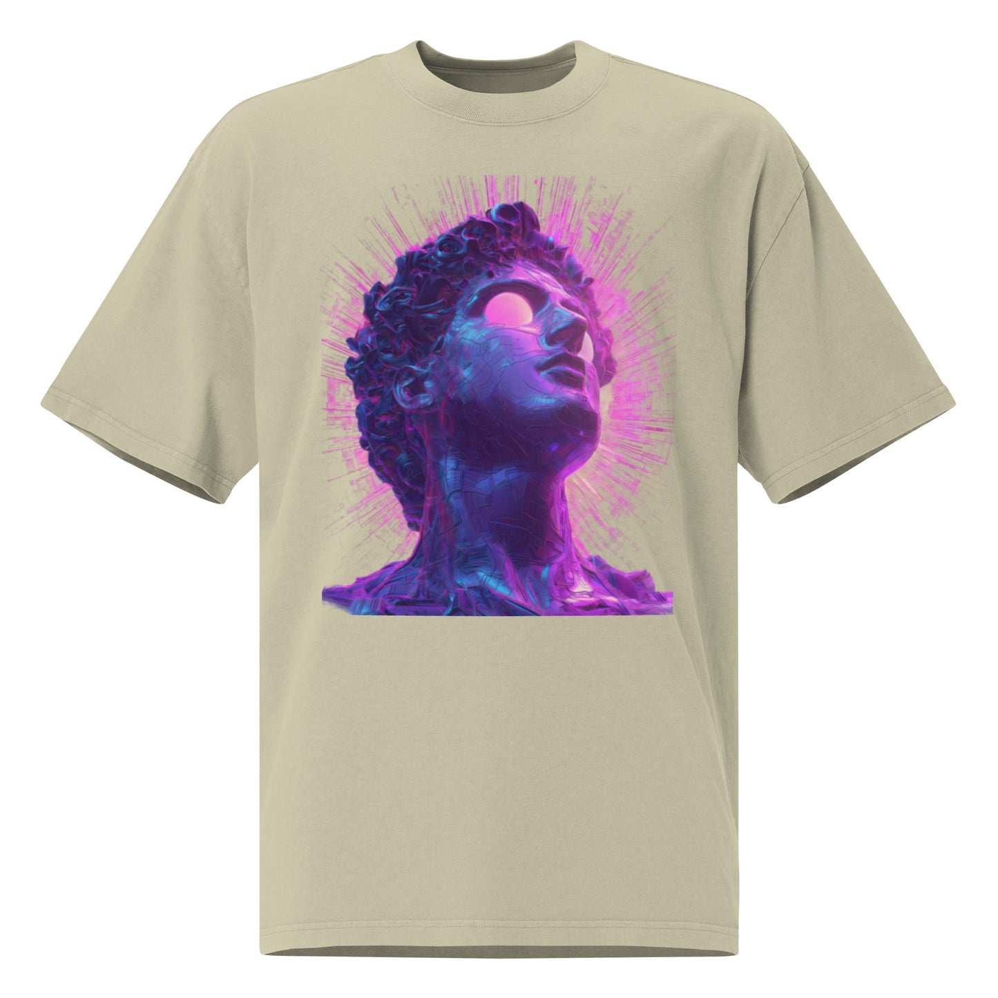 Eucalyptus unisex streetwear t-shirt with futuristic neon portrait graphic design, front view.