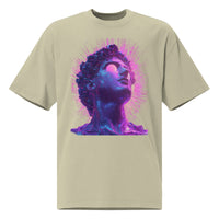 Eucalyptus unisex streetwear t-shirt with futuristic neon portrait graphic design, front view.