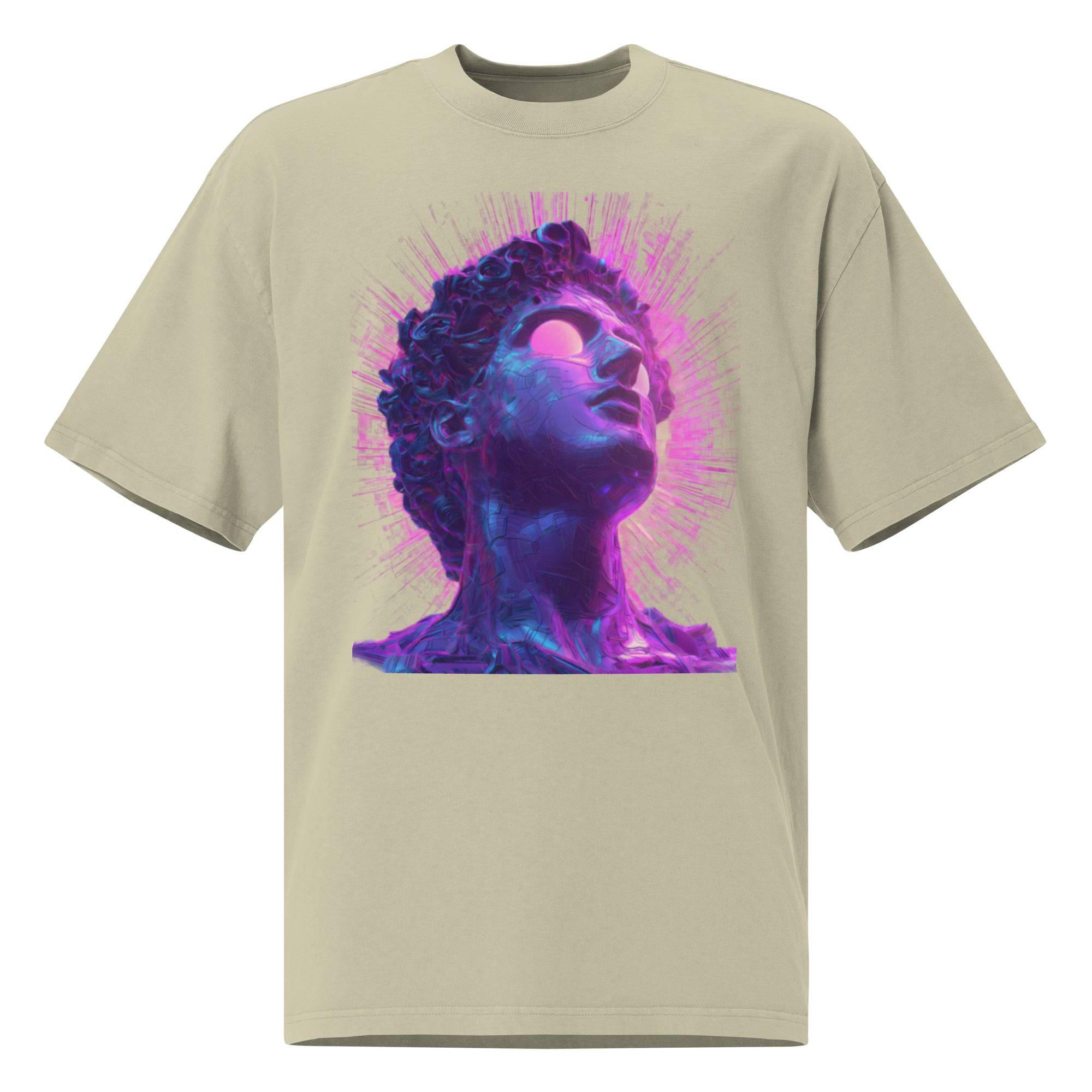 Eucalyptus unisex streetwear t-shirt with futuristic neon portrait graphic design, front view.
