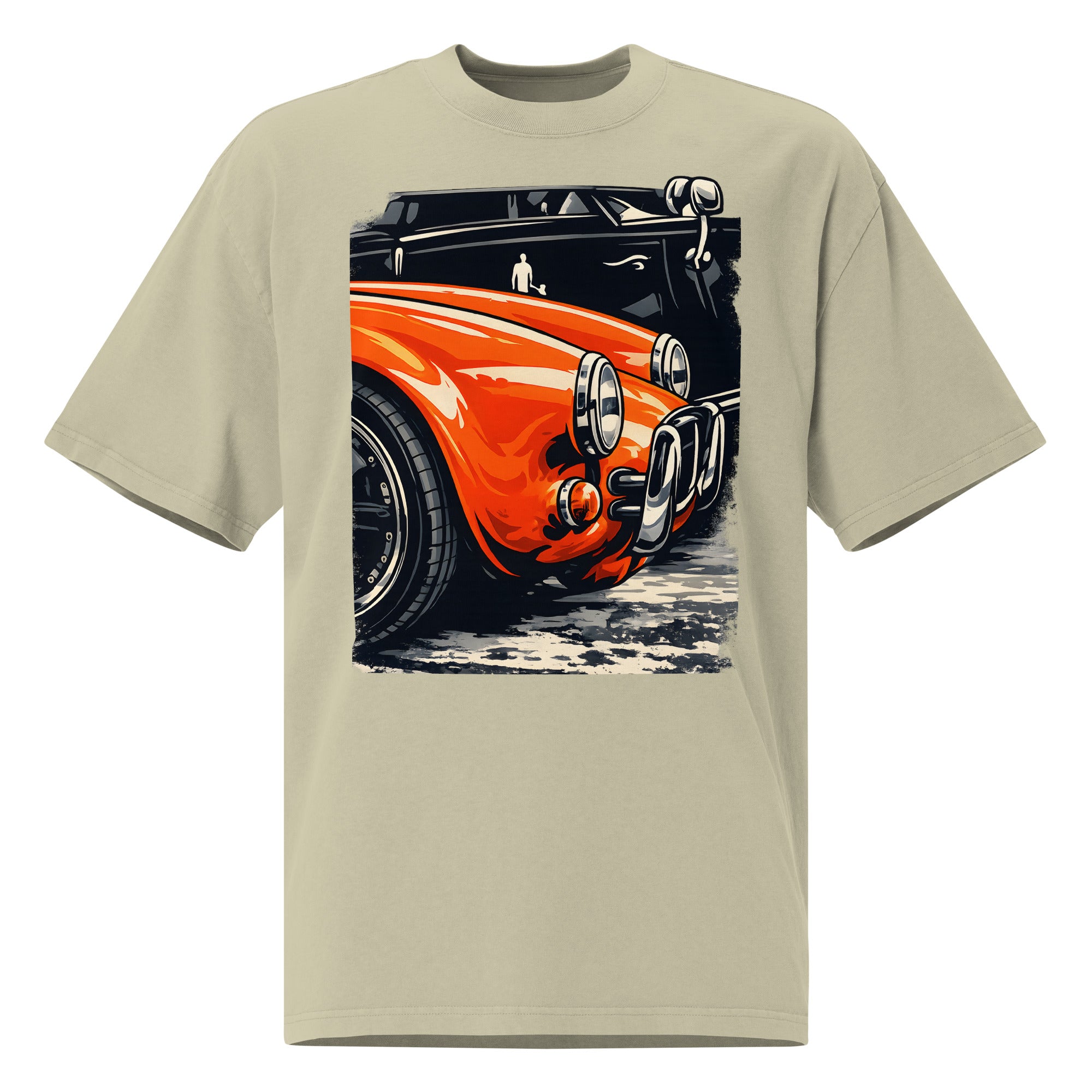 unisex streetwear t-shirt front view with vintage orange muscle car graphic print

