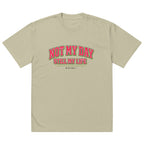 Eucalyptus oversized t-shirt with red vintage typography print, front view – artistic streetwear by Noiré.