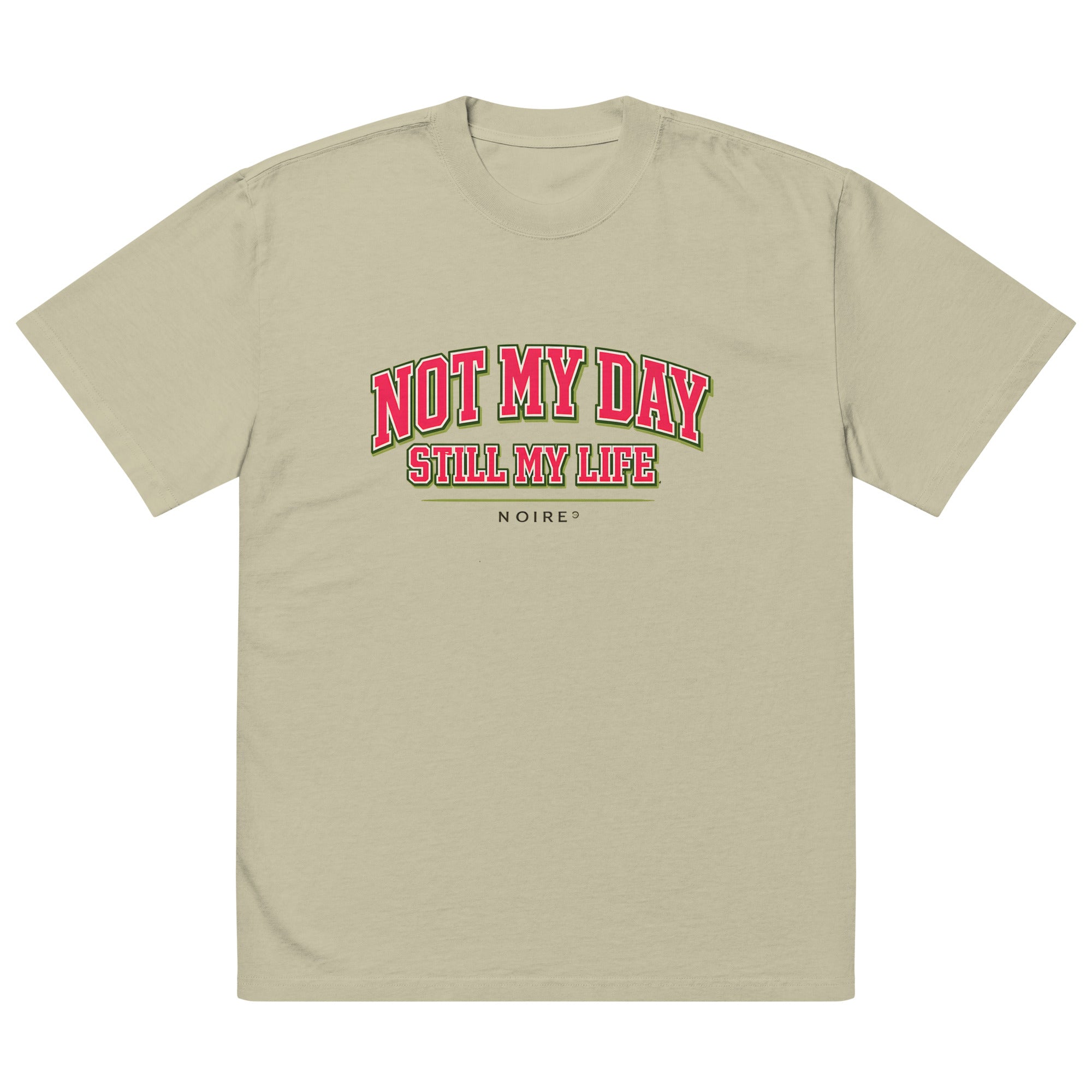 Eucalyptus oversized t-shirt with red vintage typography print, front view – artistic streetwear by Noiré.