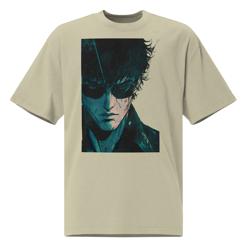 Oversized light sand graphic t-shirt featuring teal portrait artwork on front, premium cotton streetwear fit.