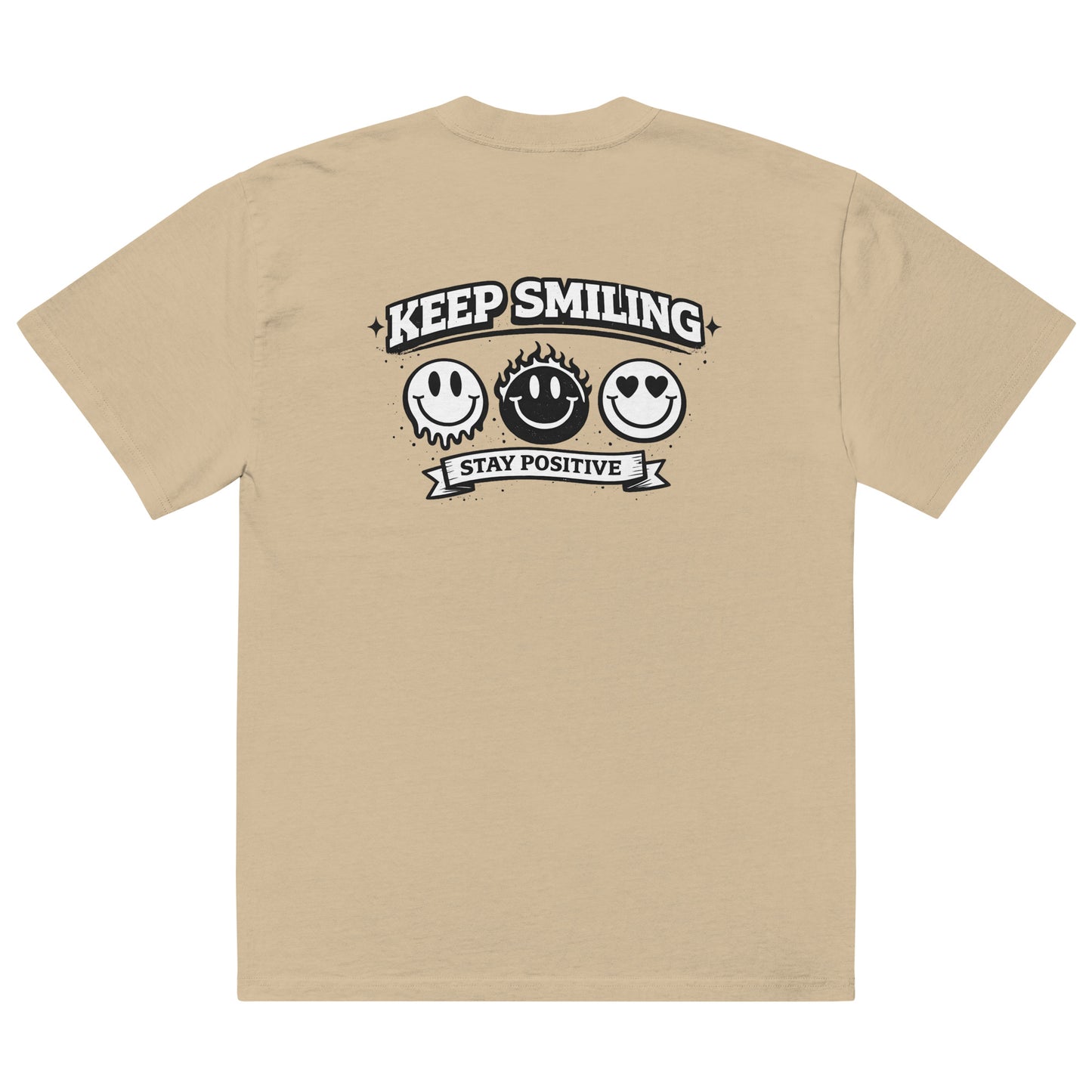  khaki t-shirt back view featuring large “KEEP SMILING – STAY POSITIVE” graphic with three vintage-style smiley faces in black, urban graphic design by Noiré.