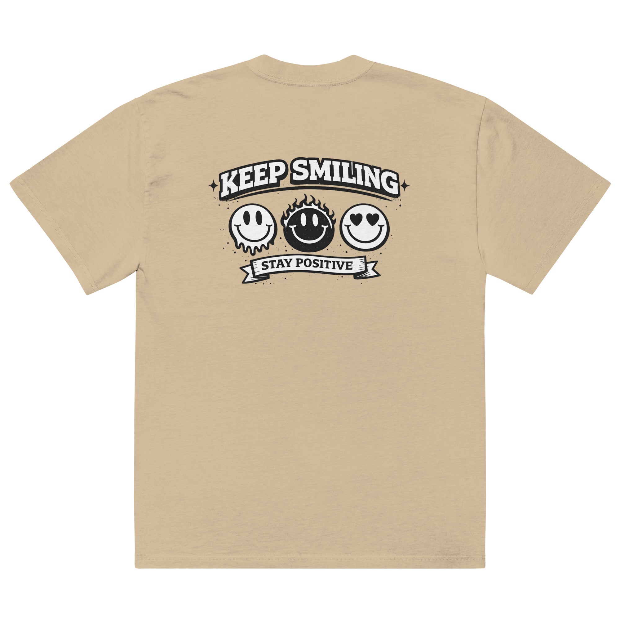  khaki t-shirt back view featuring large “KEEP SMILING – STAY POSITIVE” graphic with three vintage-style smiley faces in black, urban graphic design by Noiré.