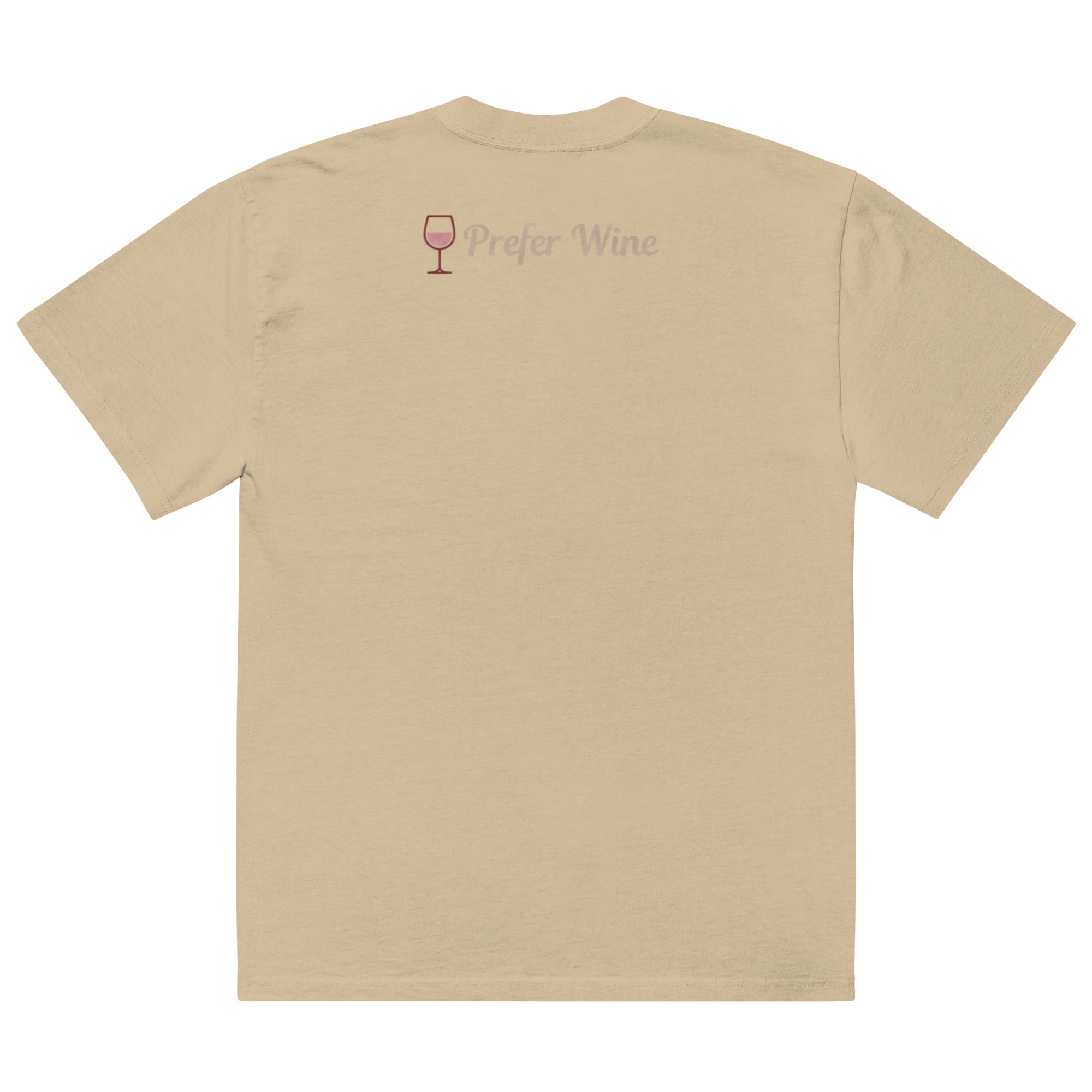 Back view of beige t-shirt with small “Prefer Wine” text and wine glass icon printed on upper back near neckline in soft blush tones
