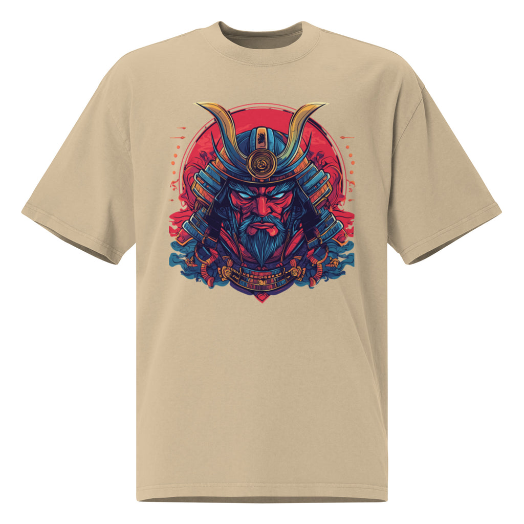 Oversized beige samurai graphic t-shirt with vibrant red and blue Japanese mask print, unisex streetwear fit.