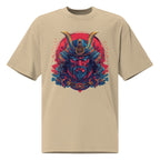 Oversized beige samurai graphic t-shirt with vibrant red and blue Japanese mask print, unisex streetwear fit.