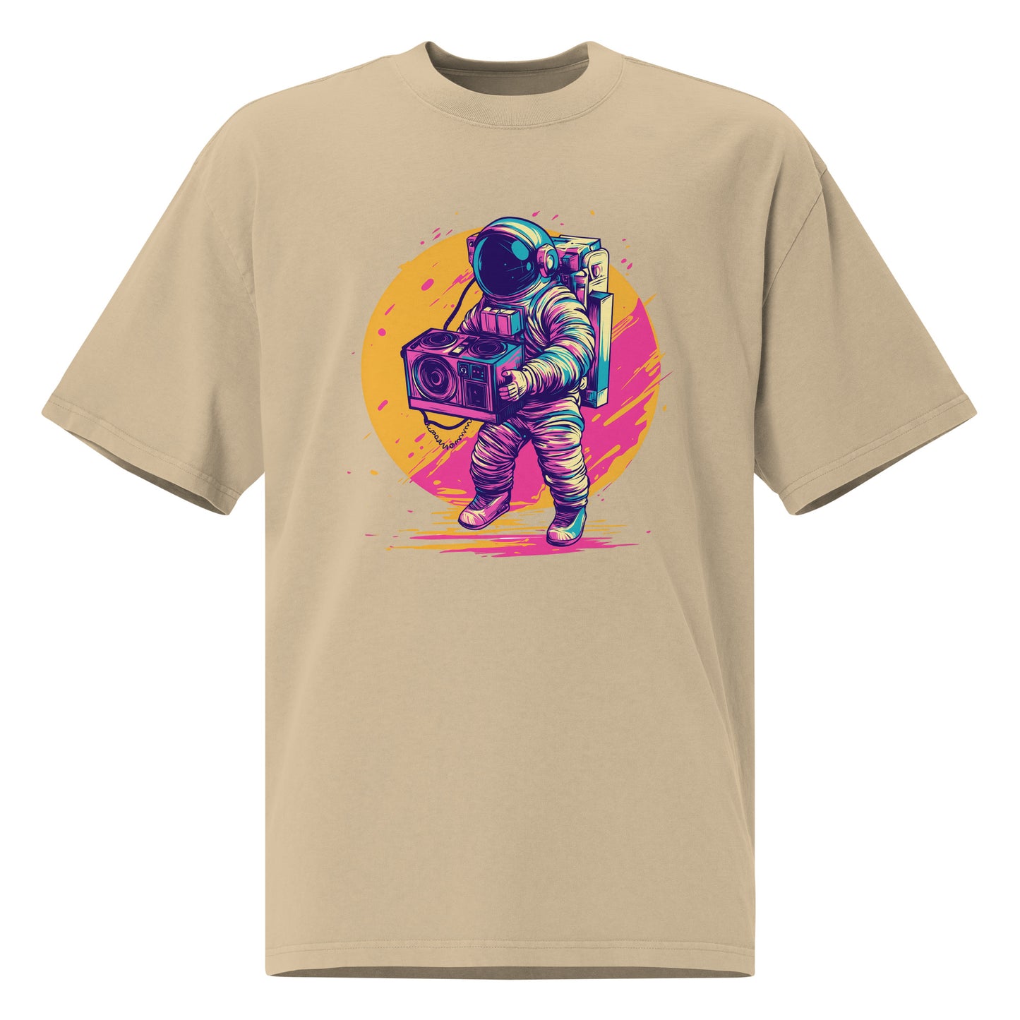 Noiré oversized graphic t-shirt in faded khaki with neon astronaut boombox illustration, front view