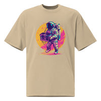 Noiré oversized graphic t-shirt in faded khaki with neon astronaut boombox illustration, front view