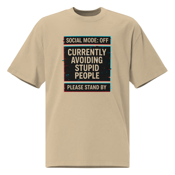  Oversized faded khaki graphic t-shirt front view with “Social Mode: Off” typography design
