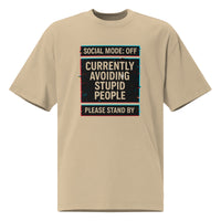 Oversized faded khaki graphic t-shirt front view with “Social Mode: Off” typography design