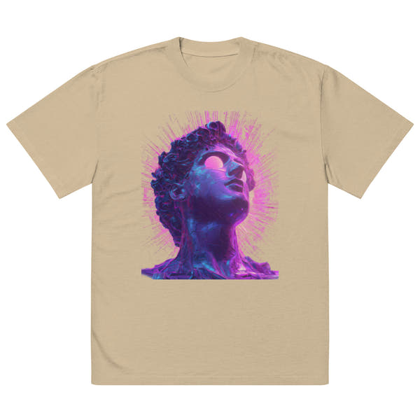 Khaki unisex graphic streetwear t-shirt featuring futuristic neon portrait artwork, front view.