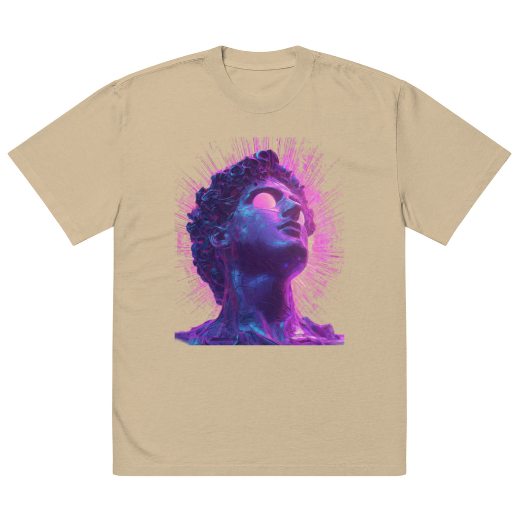 Khaki unisex graphic streetwear t-shirt featuring futuristic neon portrait artwork, front view.