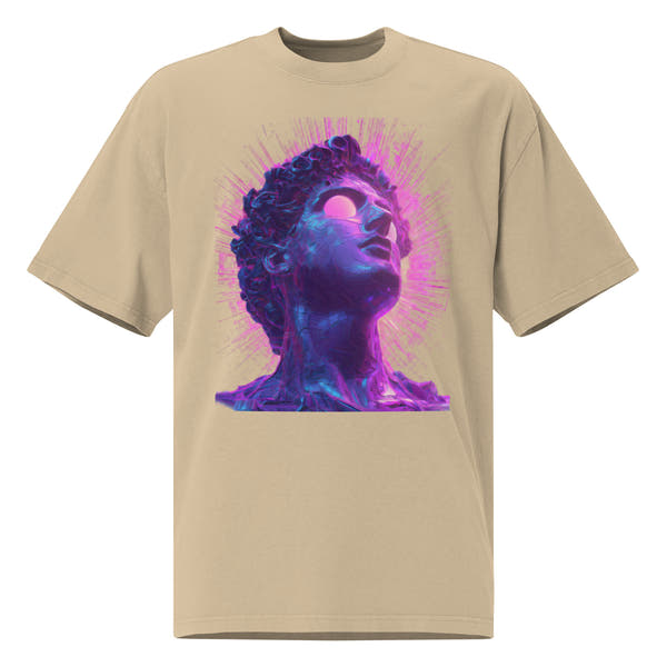 Khaki unisex streetwear t-shirt with futuristic neon portrait graphic design, front view.