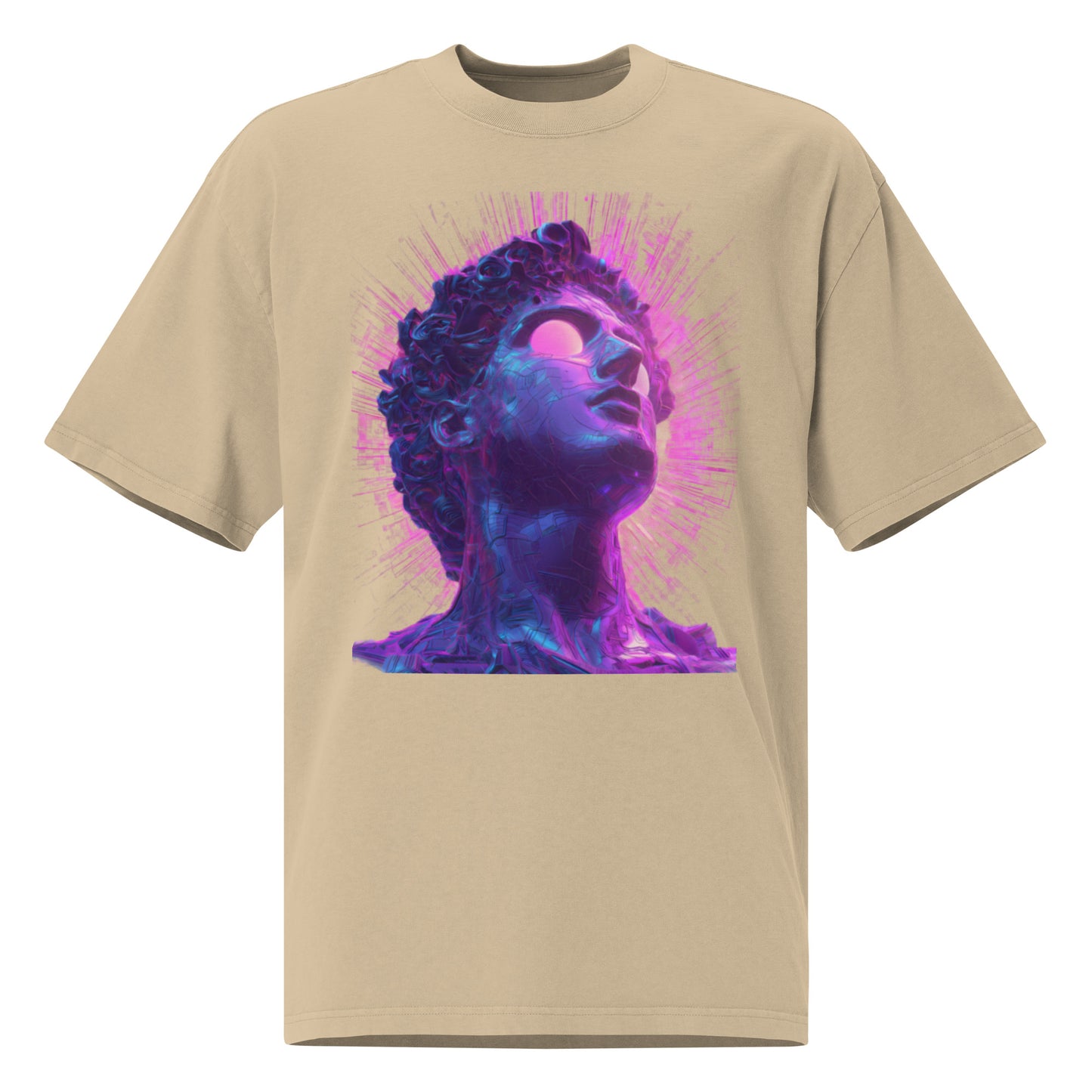 Khaki unisex streetwear t-shirt with futuristic neon portrait graphic design, front view.