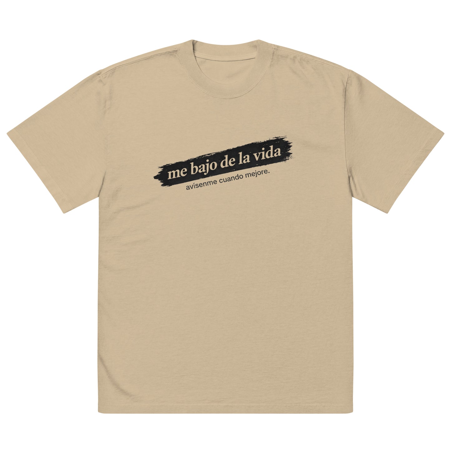 Khaki unisex t-shirt front view featuring minimalist text print, contemporary streetwear t-shirt