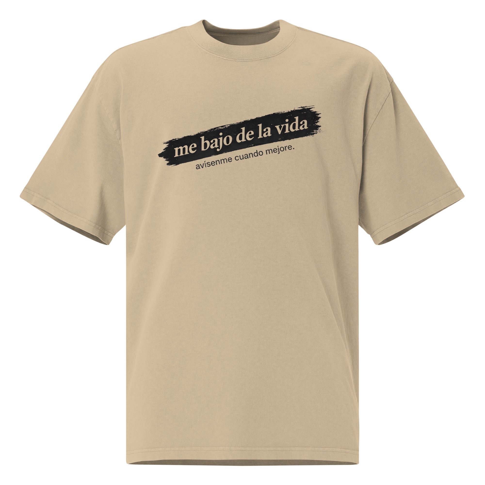Khaki unisex t-shirt front view with minimalist typographic design, clean streetwear style