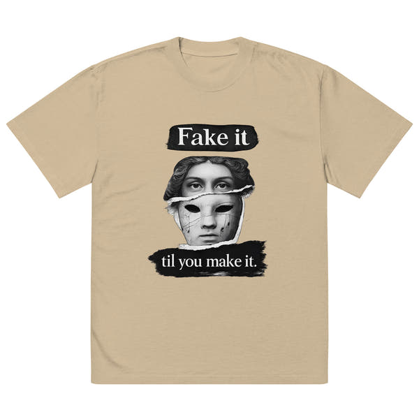 Khaki unisex t-shirt front view with bold illustrated face print and motivational slogan, contemporary streetwear style