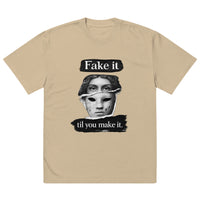 Khaki unisex t-shirt front view with bold illustrated face print and motivational slogan, contemporary streetwear style