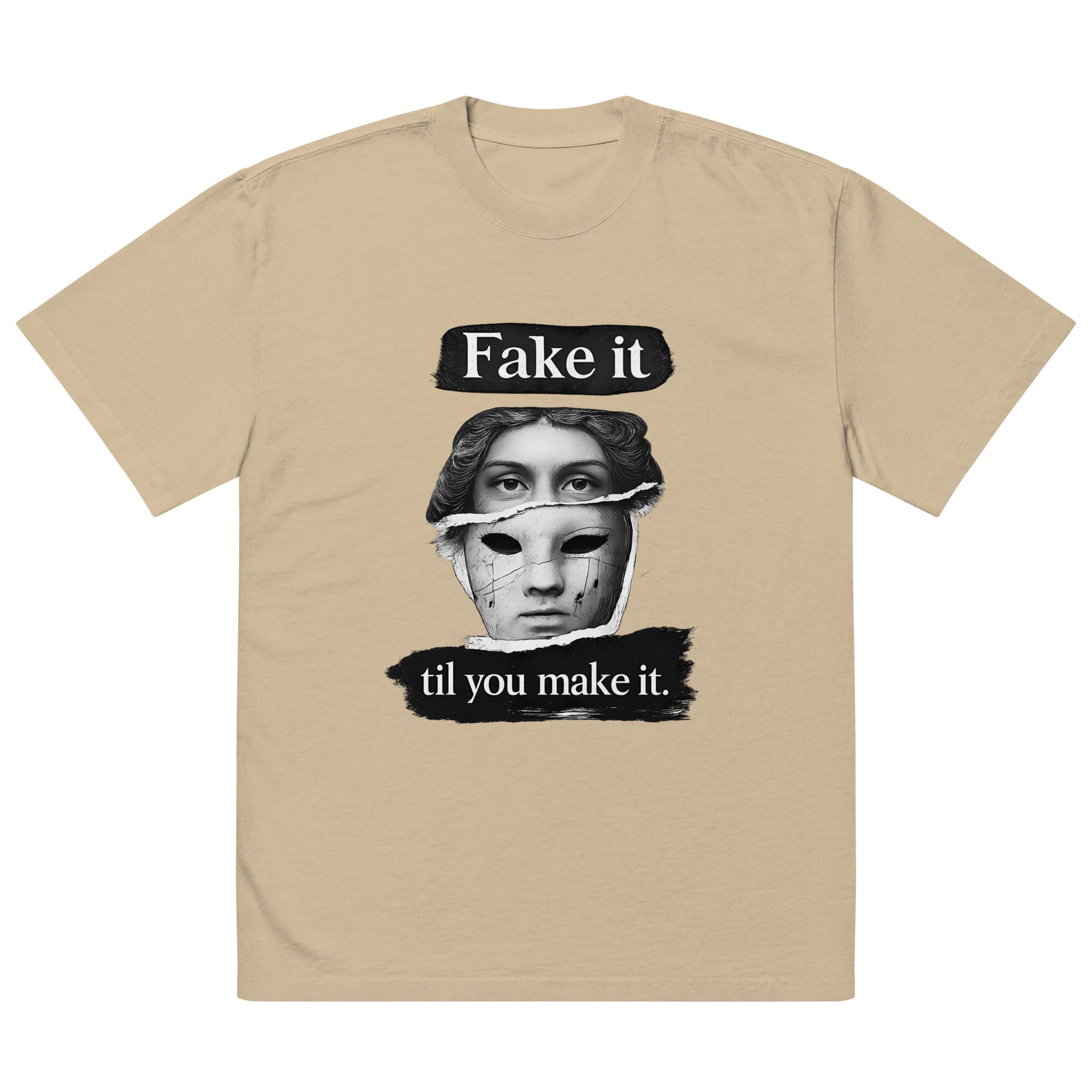 Khaki unisex t-shirt front view with bold illustrated face print and motivational slogan, contemporary streetwear style