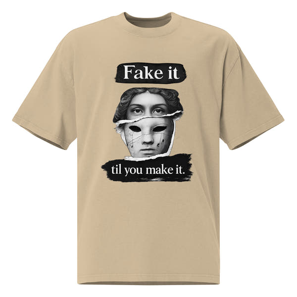 Faded khaki unisex t-shirt front view with bold illustrated face print and motivational slogan, contemporary streetwear style