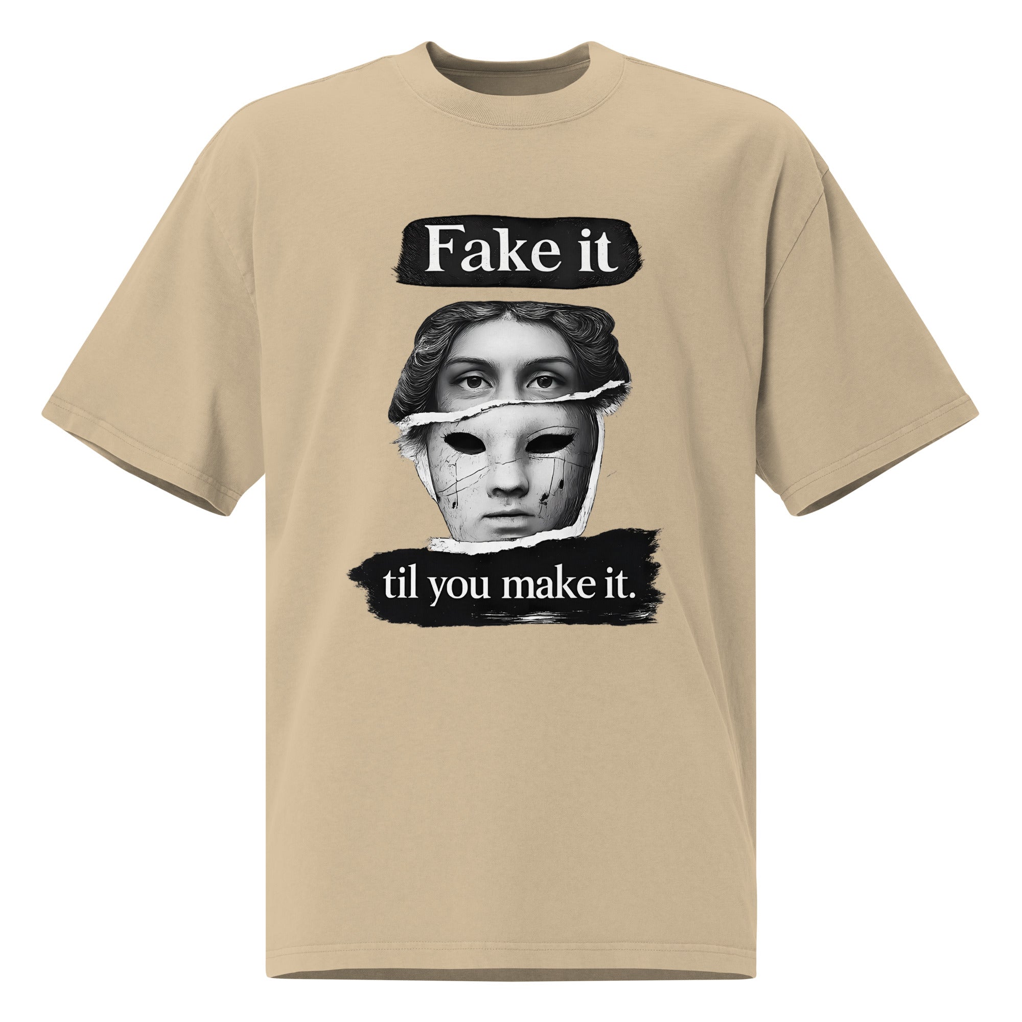 Faded khaki unisex t-shirt front view with bold illustrated face print and motivational slogan, contemporary streetwear style