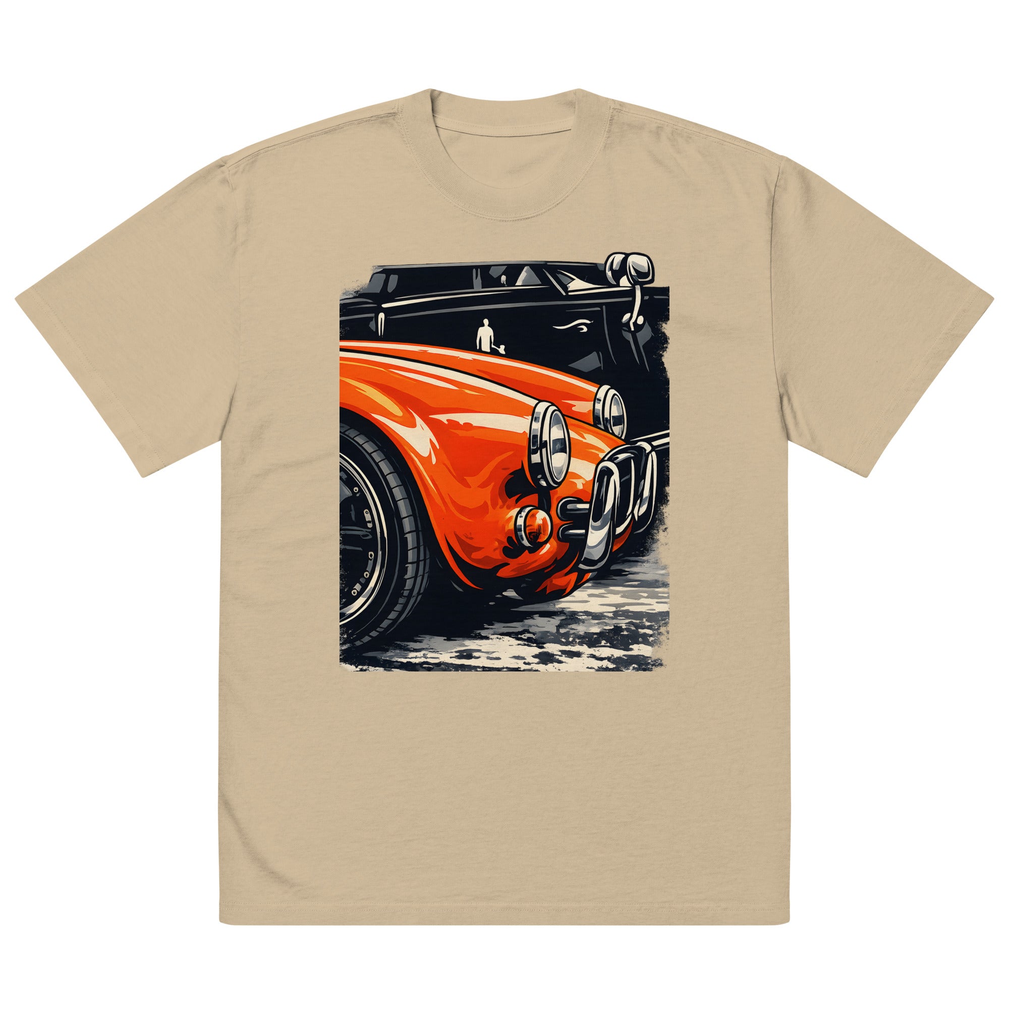 unisex streetwear t-shirt front view with vintage orange muscle car graphic print
