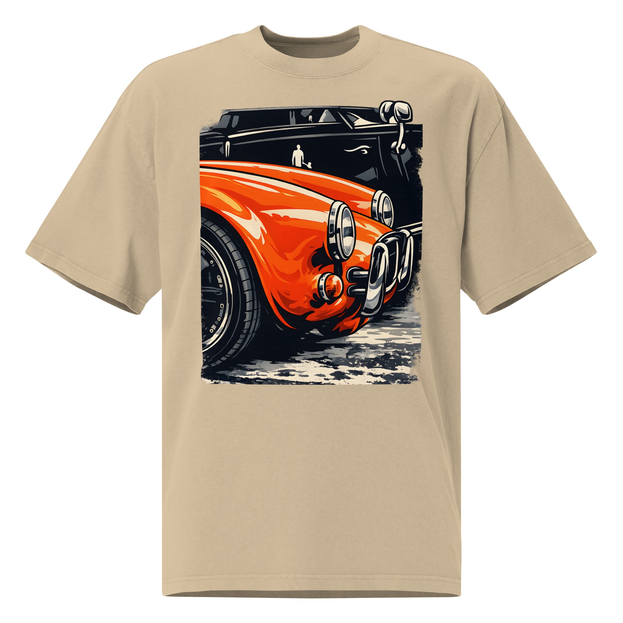unisex streetwear t-shirt front view with vintage orange muscle car graphic print
