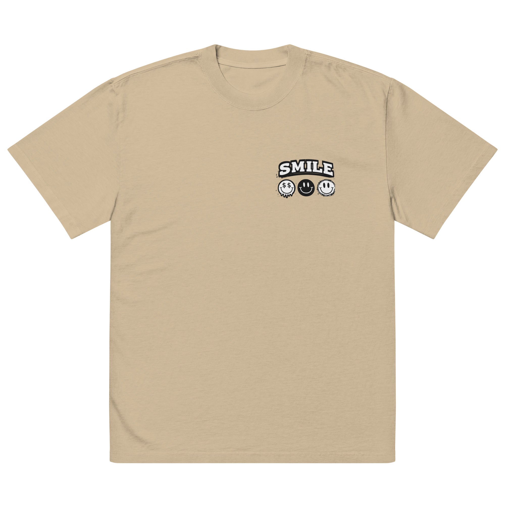 khaki t-shirt with small “SMILE” logo and minimalist smiley icons on the left chest, modern streetwear design by Noiré.